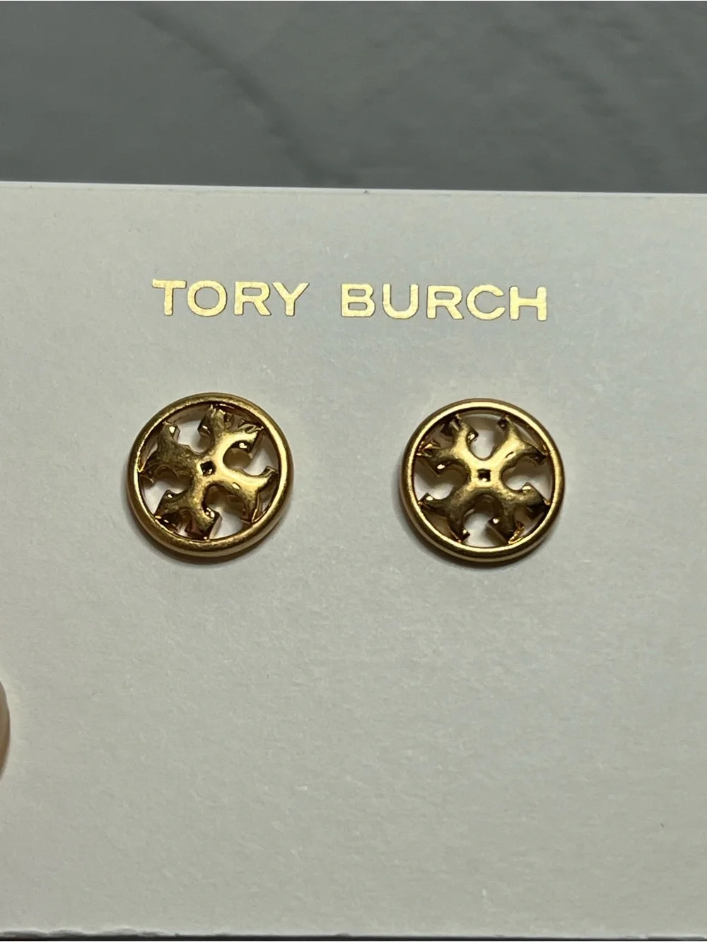 Tory Burch Gold Round Logo Cutout Stud Earrings - Picture 1 of 3